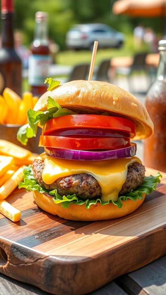 Classic Hamburger Recipe A delicious hamburger with lettuce, tomato, onion, and melted cheese on a wooden board, served with fries.